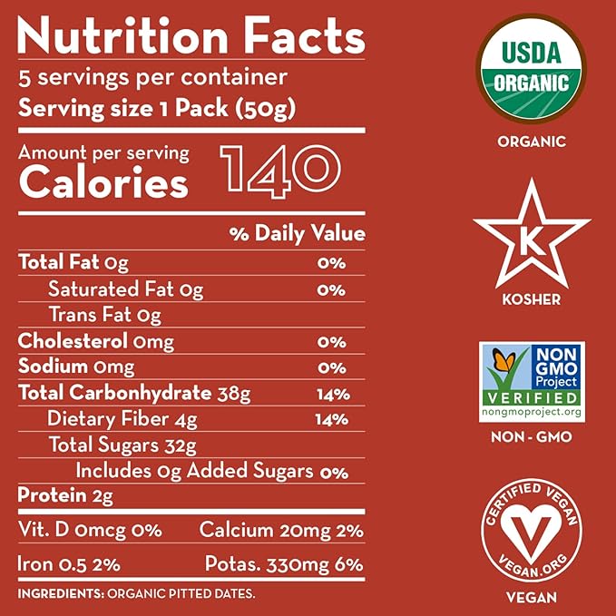 Sunny Fruit Organic Dried Pitted Deglet Nour Dates - 6 Bags (30 Individual Portion Packs) | No
