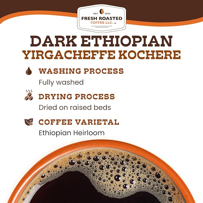 Fresh Roasted Coffee, Dark Ethiopian Yirgacheffe Kochere, 2 lb (32 oz), Dark Roast, Kosher, Whole