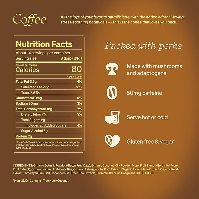 Clevr Blends Mushroom Coffee Latte, Instant Powder with Oat Milk, Lions Mane, Reishi Mushroom