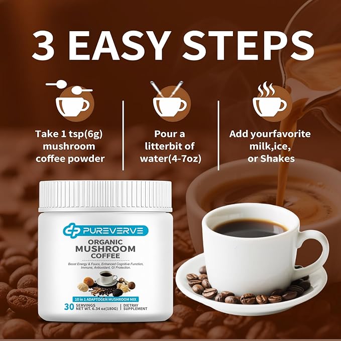 Mushroom Coffee, Organic10 Mushroom Extract Powder Blend Lion's Mane, Reishi, Chaga, Cordyceps