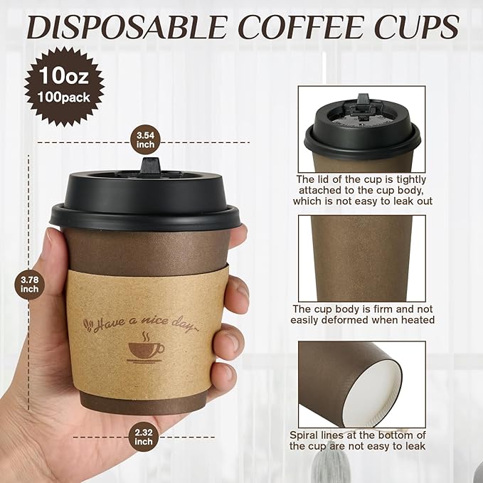 LITOPAK 100 Pack 10 oz Paper Coffee Cups with Lids, Sleeves, and Stirring Sticks for Coffee, Water