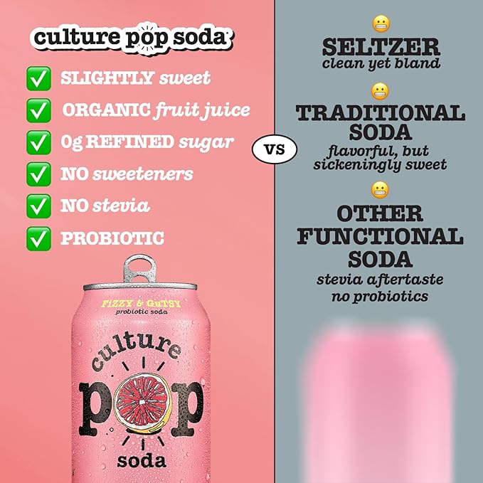 Culture Pop Soda, Pink Grapefruit & Ginger, Probiotic Low Sugar Soda, Sparkling Juice Alternative