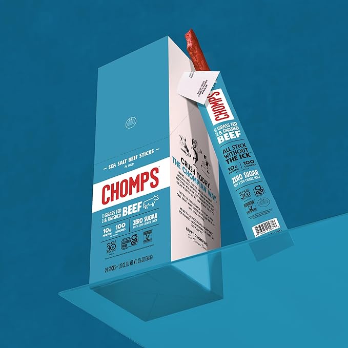 Chomps Grass-Fed and Finished Sea Salt Beef Jerky Snack Sticks 10-Pack - Keto, Paleo, Whole30, 10g