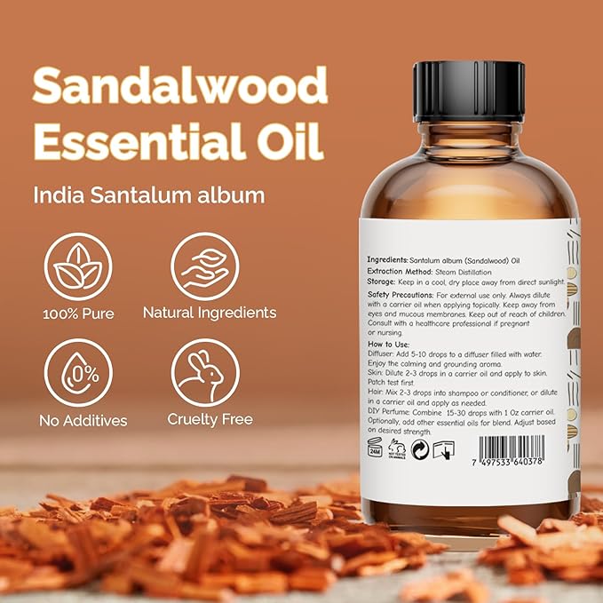 Sandalwood Essential Oil 4 Oz, 100% Pure Sandalwood Oil for Diffuser, Skin, Hair, Body & Face
