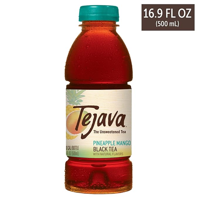 Tejava Pineapple Mango Black Iced Tea, 12 Pack, 16.9oz PET Bottles, Unsweetened, Non-GMO, Kosher