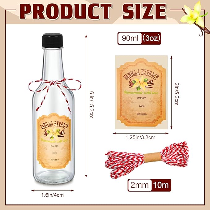 Tioncy 16 Pcs Vanilla Extract Bottles for Homemade Vanilla Jar Glass Bottle with Cap, Shrink Band