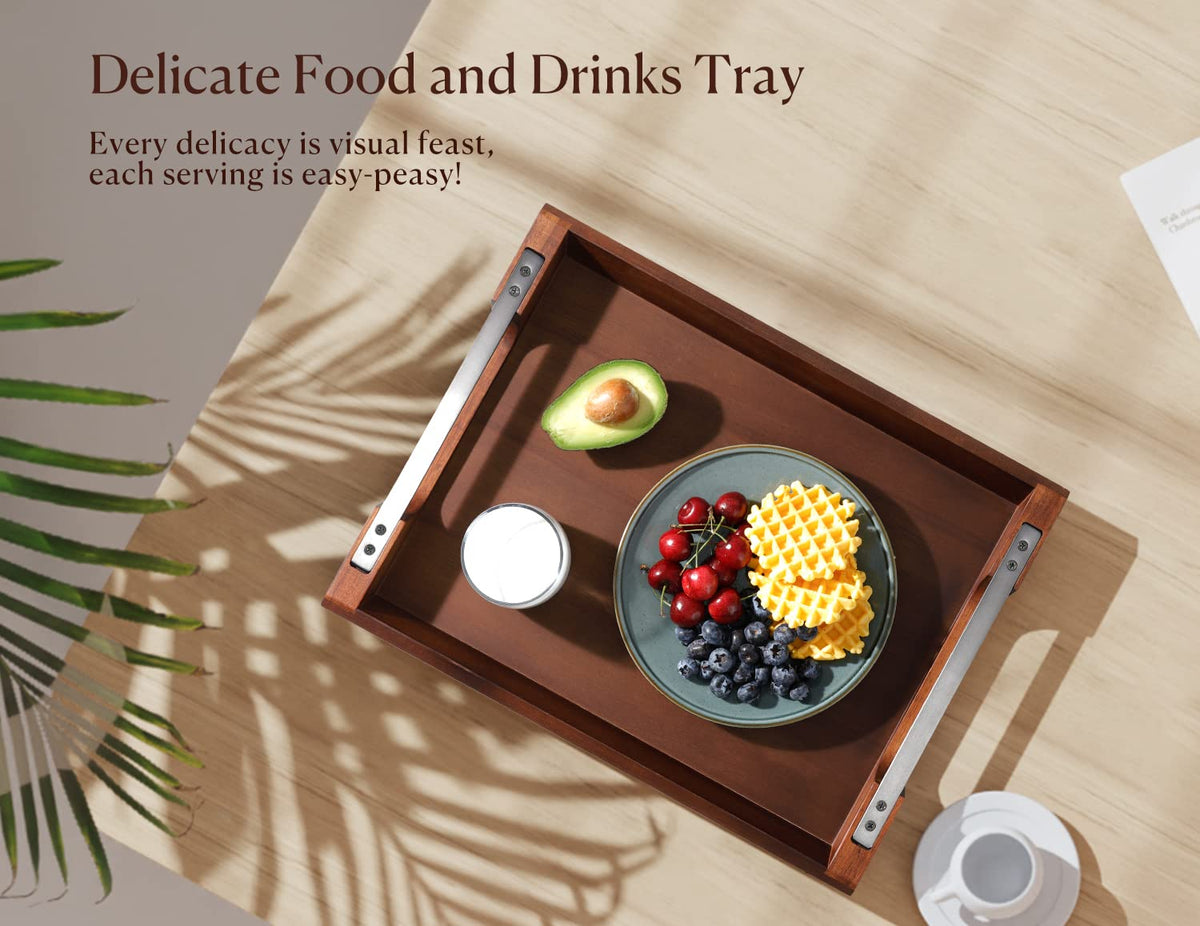 DOFIRA Acacia Wood Serving Tray with Metal Handle, 17x13in Tray for Ottoman