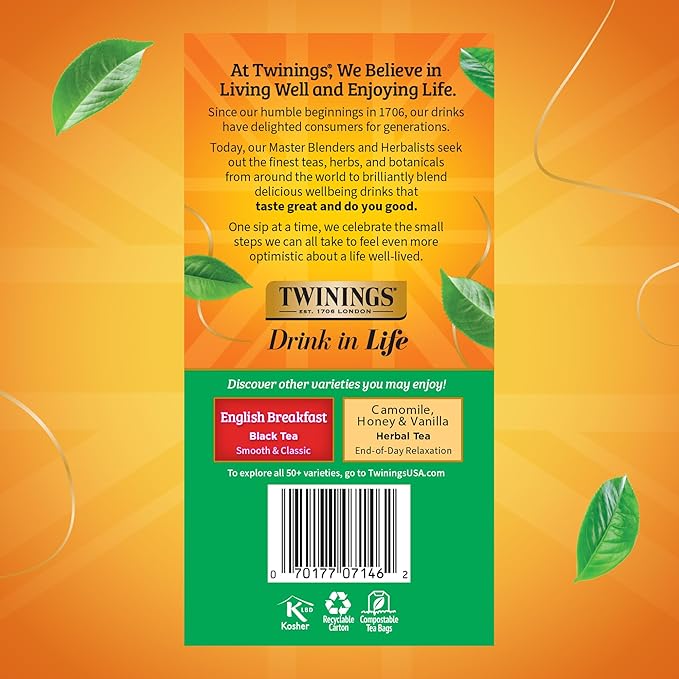 Twinings Irish Breakfast Black Tea Individually Wrapped Bags, 50 Count (Pack of 6), Flavourful