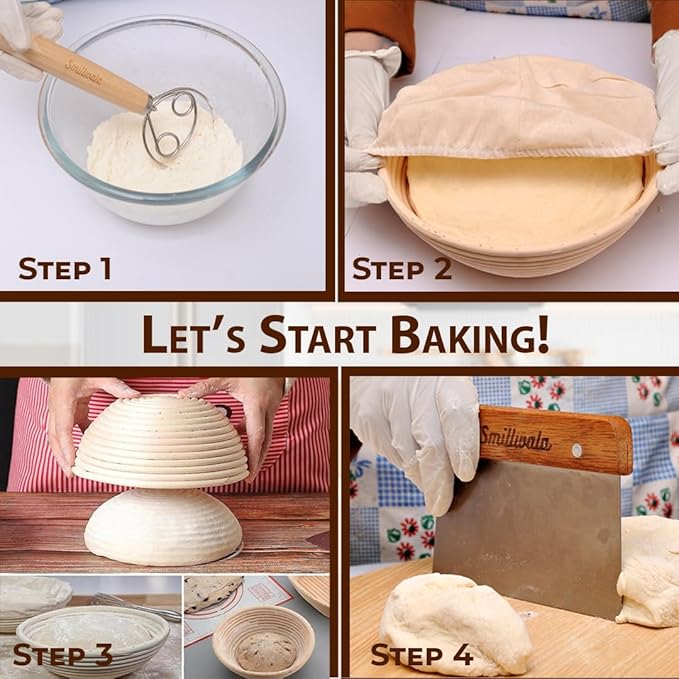 Round Banneton Bread Proofing Basket with Linen Liner, 9??Bread Basket with 6 Essential Bread