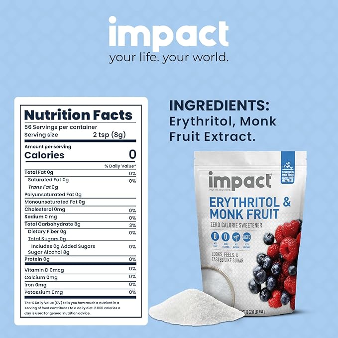 Impact White Monk Fruit & Erythritol Sweetener Blend - Gluten Free, Zero Calories, Net Carbs, Keto