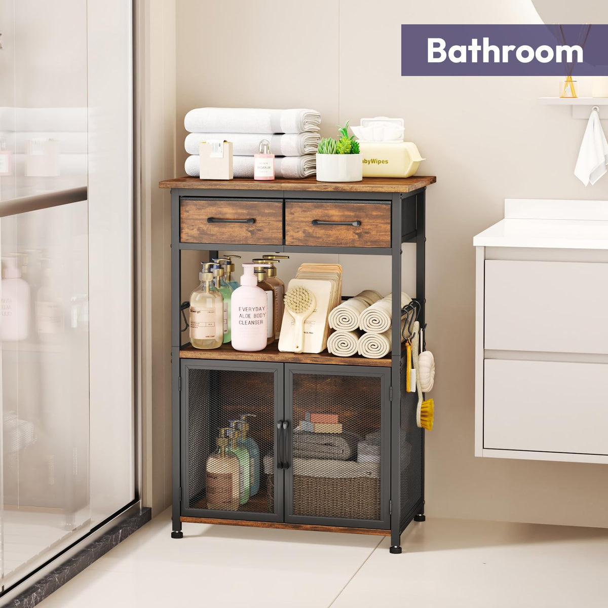 SWTYMIKI Coffee Bar Cabinet with Drawer - Coffee Stand Station with Removable Hooks, Buffet Cabinet