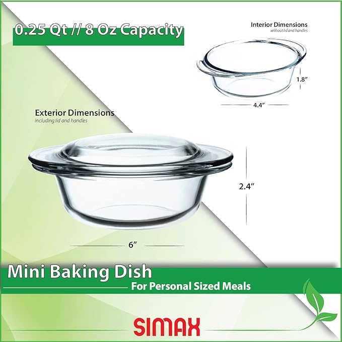 Simax Casserole Dish with Lid, MINI Glass Casserole Dish, Holds 6.4 Oz (0.2 Quarts), Oven to Table