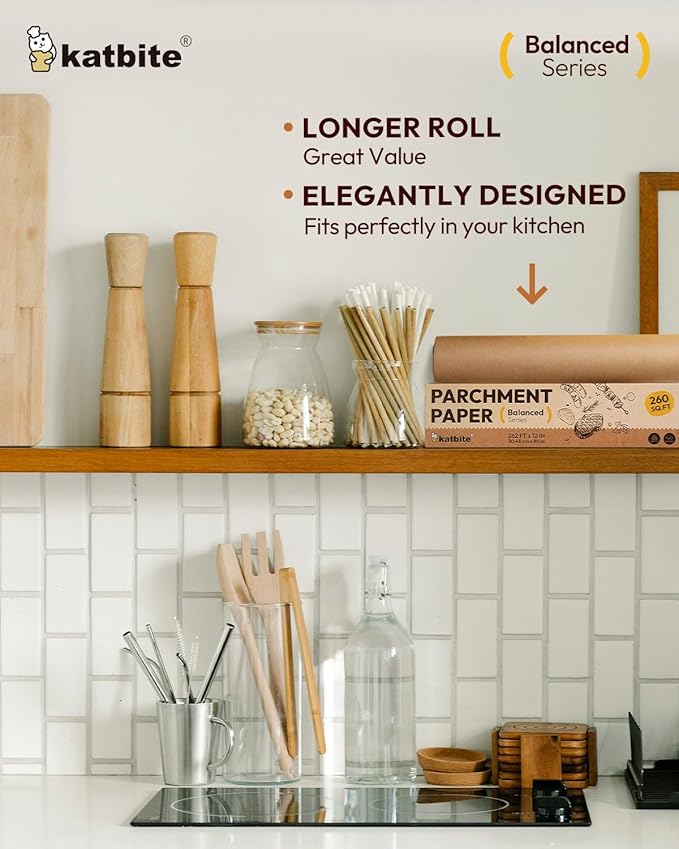 Katbite 12in x 262ft Unbleached Parchment Paper Roll, 260 Sq.Ft, Balanced Series, Non-Stick, Extra