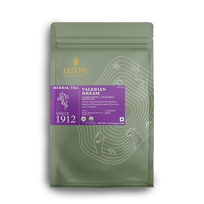 Luxmi Estates Valerian Dream Organic Valerian Root Tea (50 Tea Bags) Caffeine Free Tea For Sleep