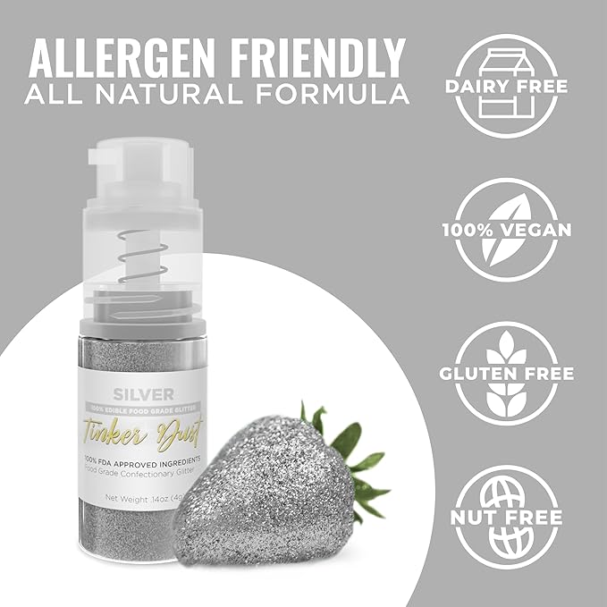 Bakell - Silver Tinker Dust (4g, 1x Mini Spray Pump) Edible Glitter for Food, Desserts, and