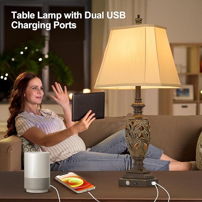 29.5" H Touch Traditional Table Lamp Set of 2,Vintage Bedside Nightstand Lamps with Dual USB and