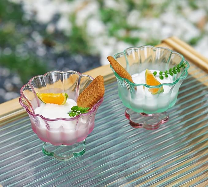 Ice Cream Bowls Drinking Glass Cups Set of 2 (Pink & Green), Flower Petal Style Glasses, 8.5oz