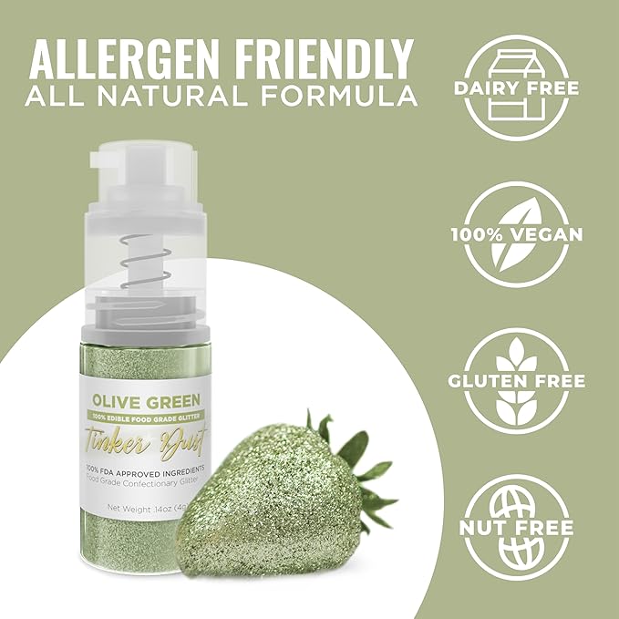 Bakell - Olive Green Tinker Dust (4g, 1x Mini Spray Pump) Edible Glitter for Food, Desserts, and