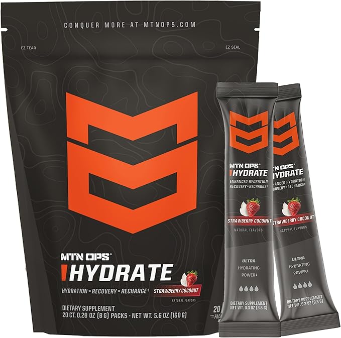 MTN OPS Hydrate Electrolytes Powder Drink Mix, 20 Single Serving On-The-Go Electrolyte Packs with