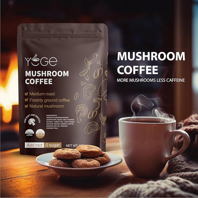 Mushroom Coffee, Instant Organic Mushroom Coffee with Cordyceps, Reish, King Trumpet, Shitake