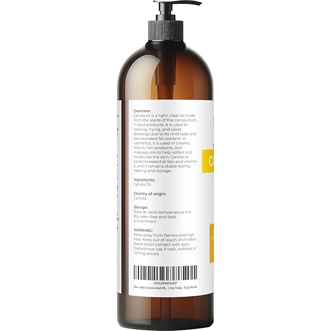 velona Canola Seed Oil 32 fl oz | 100% Pure and Natural Carrier Oil | Refined, Expeller pressed |