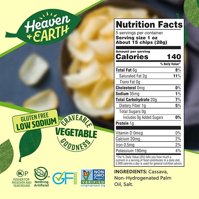 Heaven & Earth Cassava Chips, 5oz (2 Pack) Gluten Free | Non GMO | Low Sodium | Thin & Crisp Root
