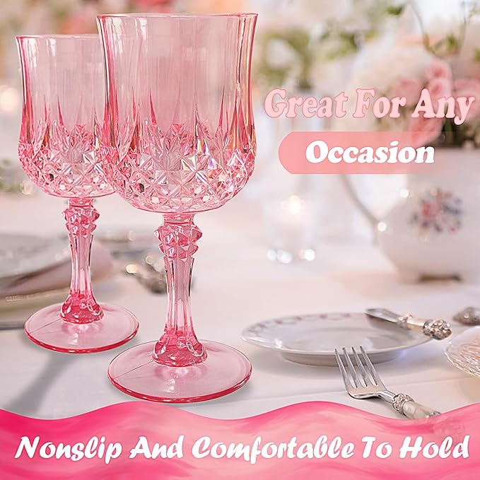 12 PCS Pink Plastic Wine Glasses,Reusable Plastic Wine Glasses,Pink Goblet Glass,Durable and Sturdy