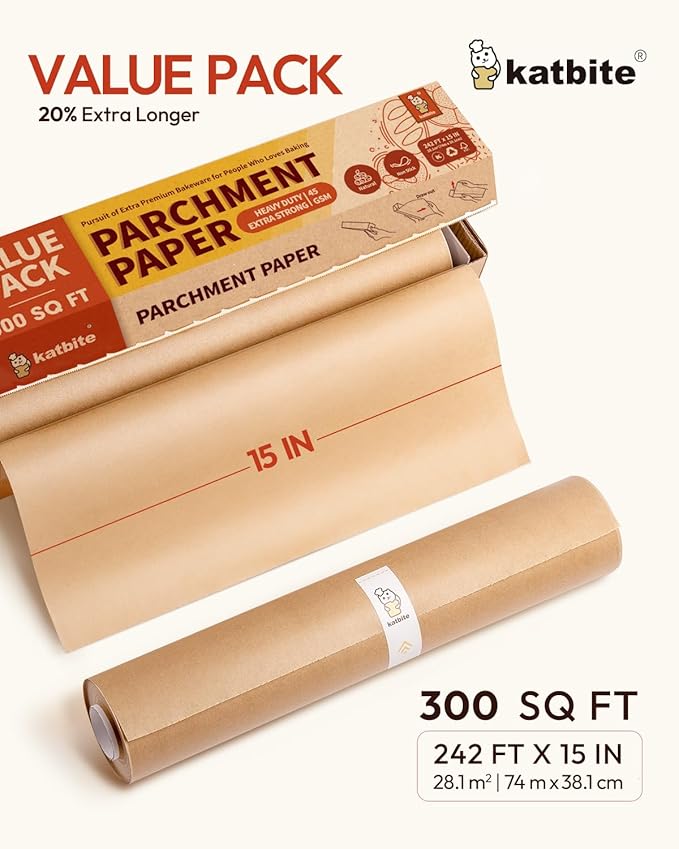 Katbite Unbleached Parchment Paper Roll, 15in x 242ft, 300 Sq.Ft, Non-Stick with Serrated Cutter