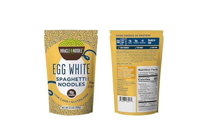 Miracle Noodle Egg White Spaghetti Pasta, 3.5 Oz (Pack of 6), Ready to Eat Egg White Noodles, 10g