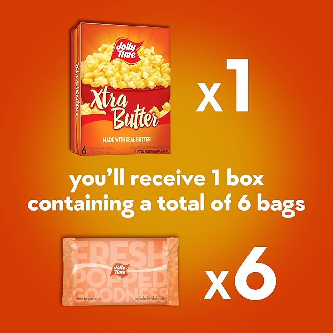Jolly Time Xtra Butter, Ultimate Movie Theater Butter Microwave Popcorn, 3oz Sharing Bag, 6 Bags