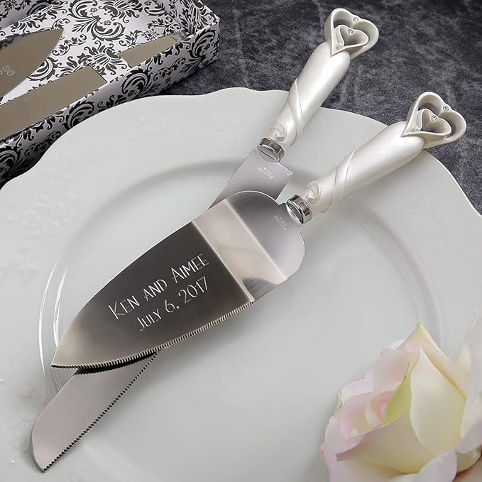 GIFTS INFINITY® Personalized Wedding White Interlock Heart Cake Knife and Server Set Free Engraving