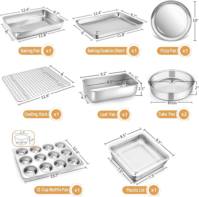 E-far 10-Piece Baking Pans set, Stainless Steel Bakeware Set for Oven, Include Cake Pan/Baking