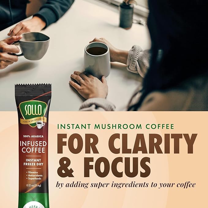 Sollo Infused Instant Chaga Mushroom Coffee Sticks (24 Servings) Memory & Clarity Support, 100%