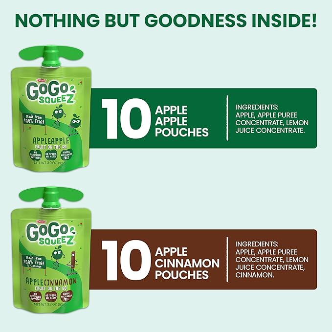 GoGo squeeZ Applesauce and Fruit Puree Variety Pack, Apple & Cinnamon, 3.2 oz (Pack of 20)