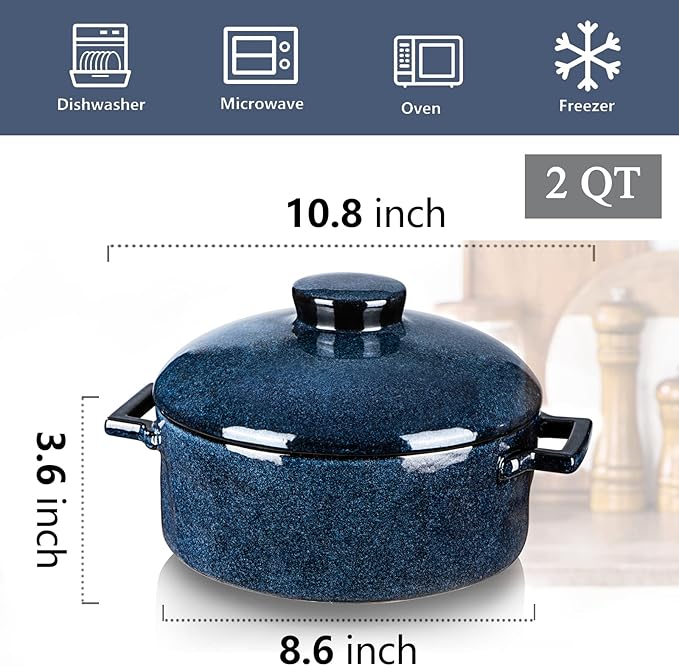 Vicrays Casserole Dish with Lid - Ceramic Lasagna Pan Deep 2 Quart Round Baking Dishes Covered