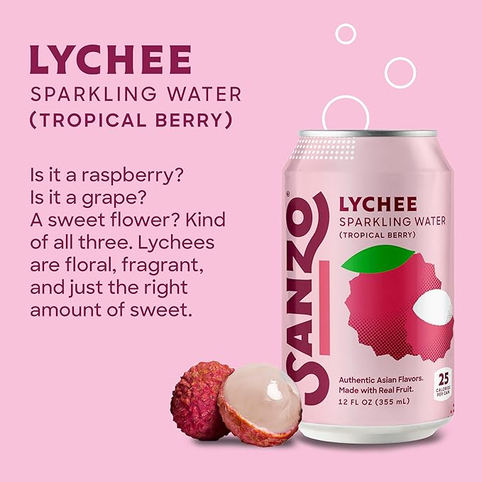 Sanzo Flavored Sparkling Water - Tropical Berry Seltzer (Lychee) - Low Calorie Low Sugar Soda