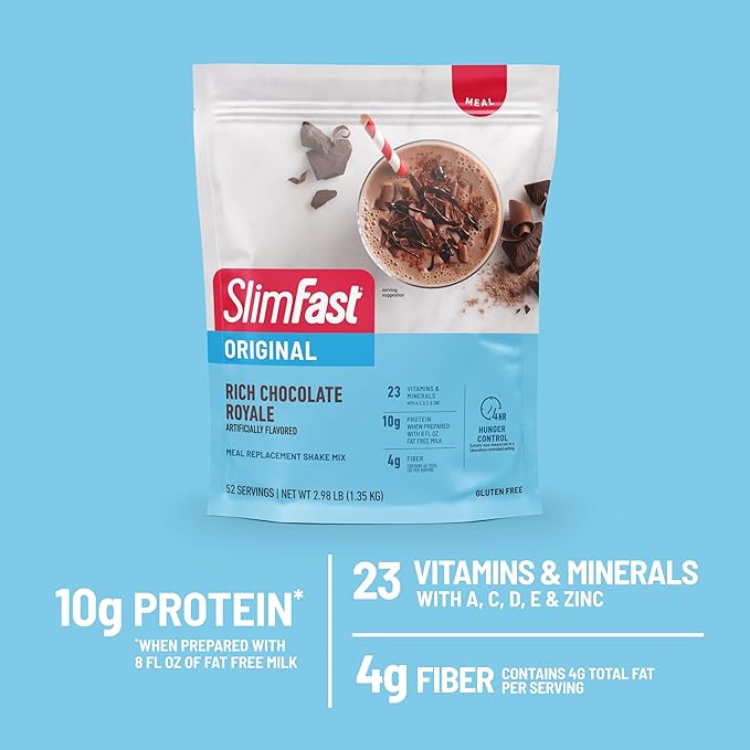 SlimFast Meal Replacement Powder, Original Rich Chocolate Royale, Weight Loss Shake Mix, 10g of