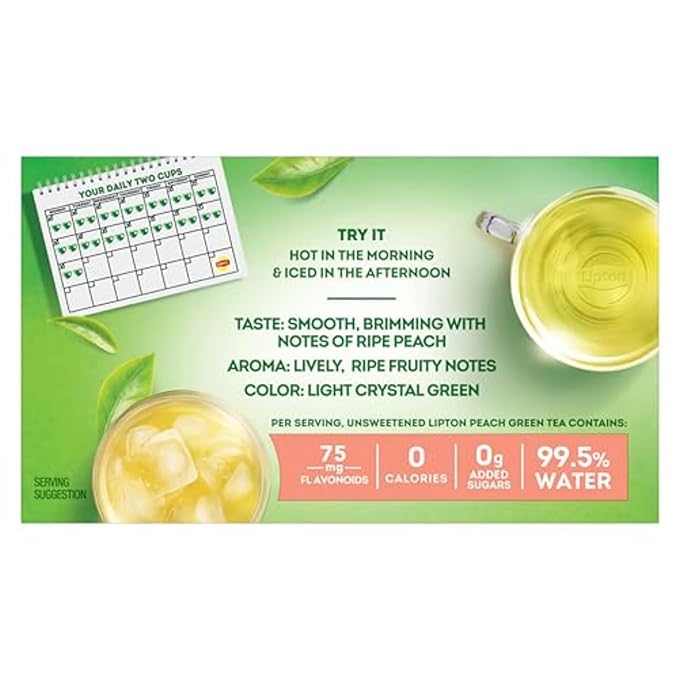 Lipton Peach Green Tea Bags, Flavored, Unsweetened Teabags for Hot Tea or Peach Iced Tea with
