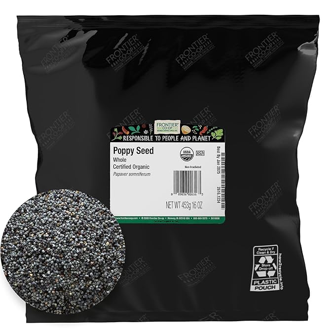 Frontier Co-op Organic Whole Poppy Seed 1lb - Bulk Bag of Poppy Seeds for Baking, Salad Dressing