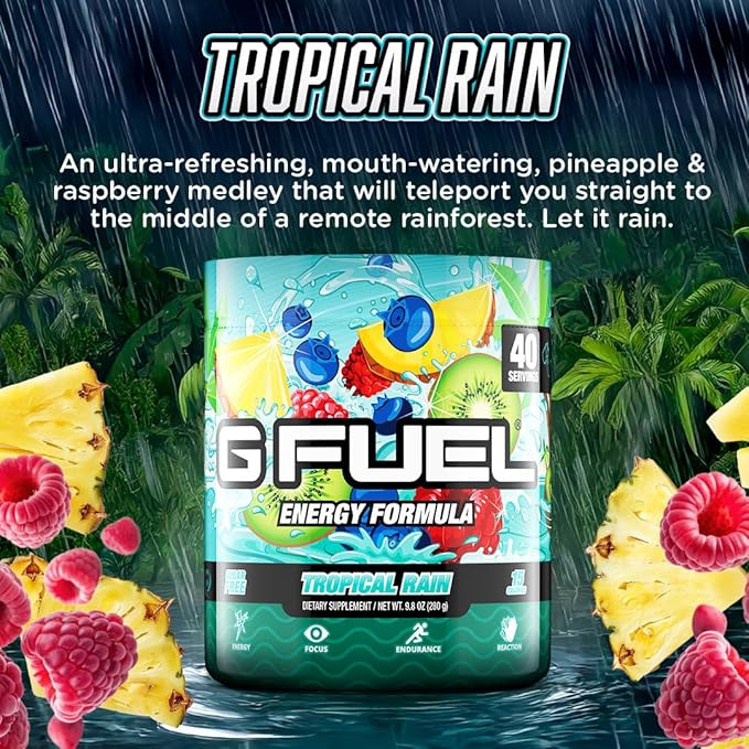 G Fuel Tropical Rain Energy Drink Powder, Pre Workout Caffeine Mix for Gaming, Sugar Free Focus