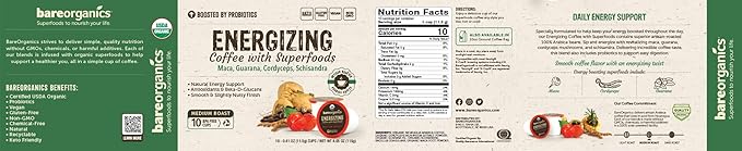 Bare Organics 14198 ENERGIZING USDA Organic Coffee Infused with Superfoods & Probiotics, Compatible