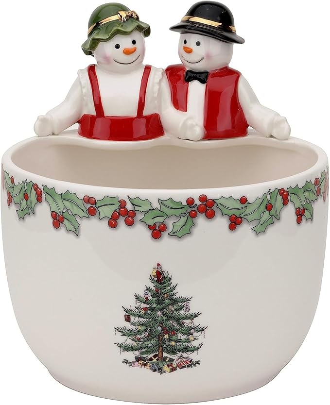 Spode Christmas Tree 9-Inch Candy Bowl - Mr. & Mrs. Snowman Decorative Earthenware Bowl for Serving