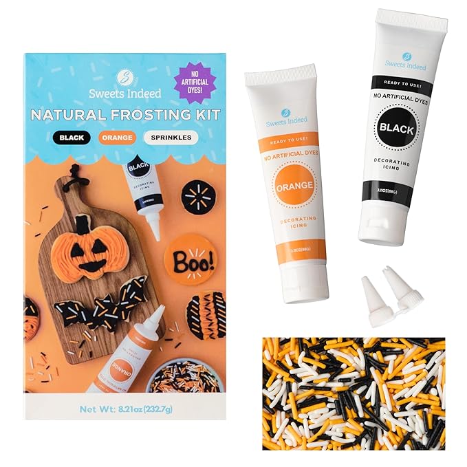 Sweets Indeed Dye-Free Halloween Frosting & Sprinkles Set ??8.22 oz | 2 Frosting Tubes (Orange &