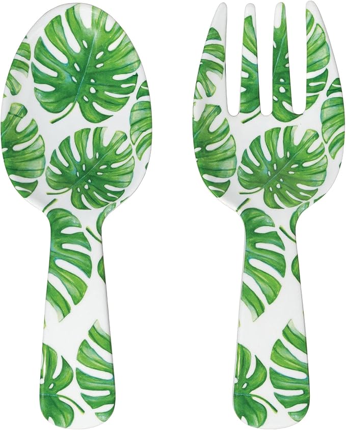 UPware Monstera Melamine Salad Servers, Serving Utensil Set, Includes Serving Fork and Spoon for