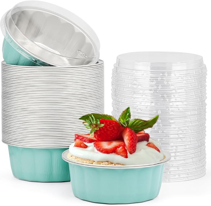 Beasea Disposable Ramekins 8oz, 50 Pack Aluminum Foil Cups with Lids Lake Blue, Disposable Creme