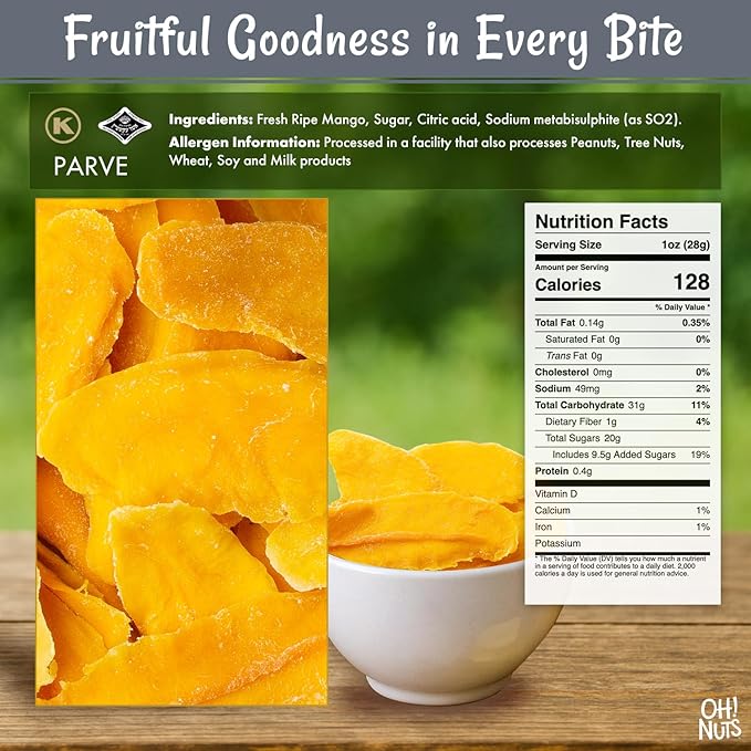 Oh! Nuts Exotic Dried Mango Slices - Sweetened Dehydrated Mango - 1lb Bulk Bag - Dried Mango Fruit