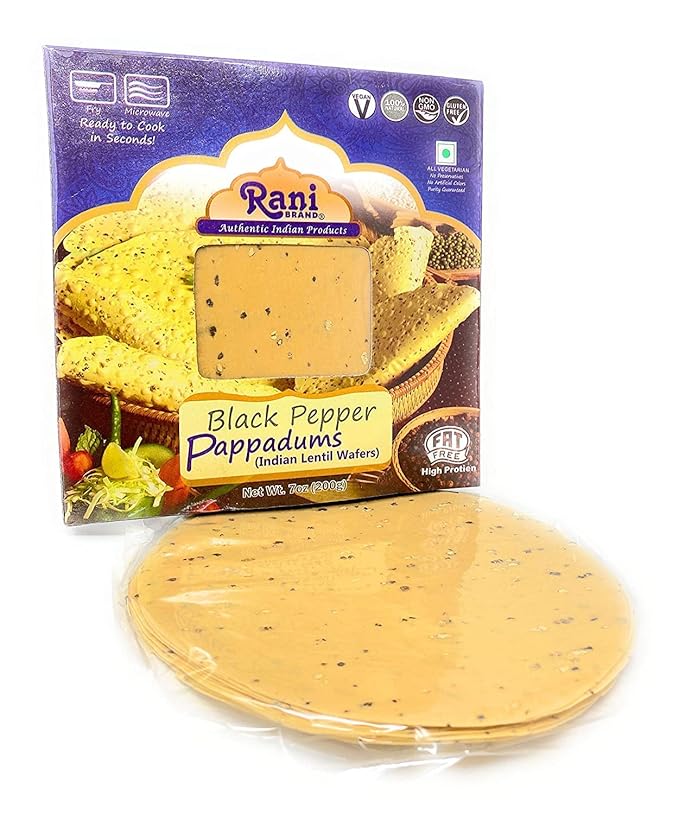 Rani Pappadums (Indian Lentil Wafer Snack) Black Pepper Papad 7oz (200g) Approximately 15pc, 7