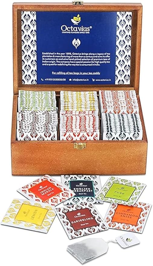 Octavius Gift's Select - Assorted Tea in Lotus Printed Wooden Box | 6 Flavors, 90 Tea Bags | Black
