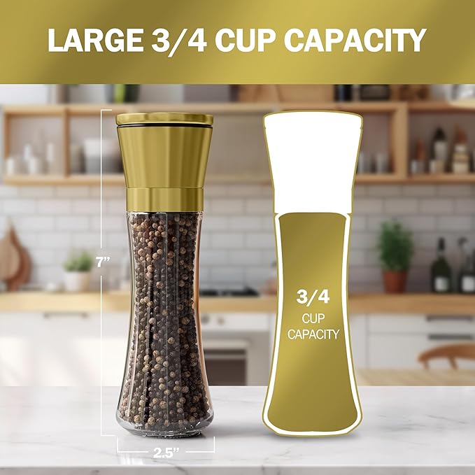 Home EC Original Gold Salt and Pepper Grinder Set of 2 - Adjustable Ceramic Grinder - Tall Glass
