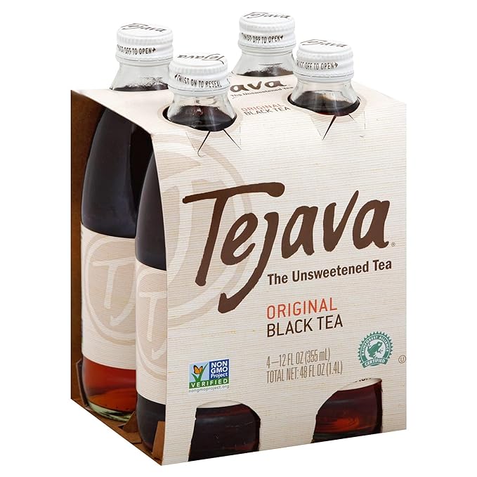 Tejava Original Unsweetened Black Iced Tea, 4 Pack, 12oz Glass Bottles, Non-GMO, Kosher, No Sugar